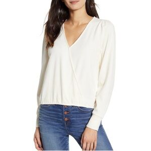 Madewell Texture and Thread Faux Wrap Puff Sleeve Ivory Blouse